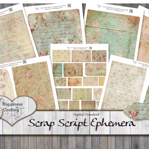 Scrap Script Ephemera - Instant Digital Download, Printable, Digital Kit for Junk Journals, Scrapbooking, Happiness in Crafting